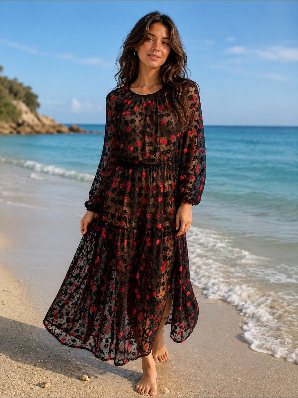 Black Sheer Floral Embroidered Boho Maxi Dress Red Flowers small